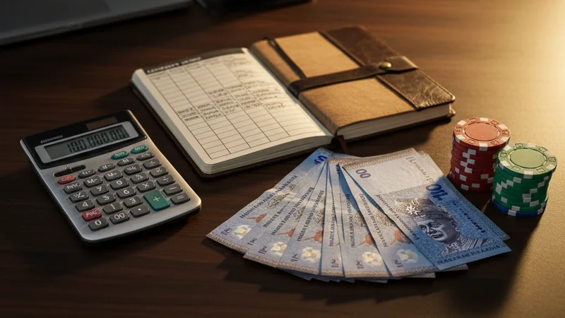 Malaysian Ringgit banknotes, calculator and bankroll allocation notebook — Maxim88 bankroll management