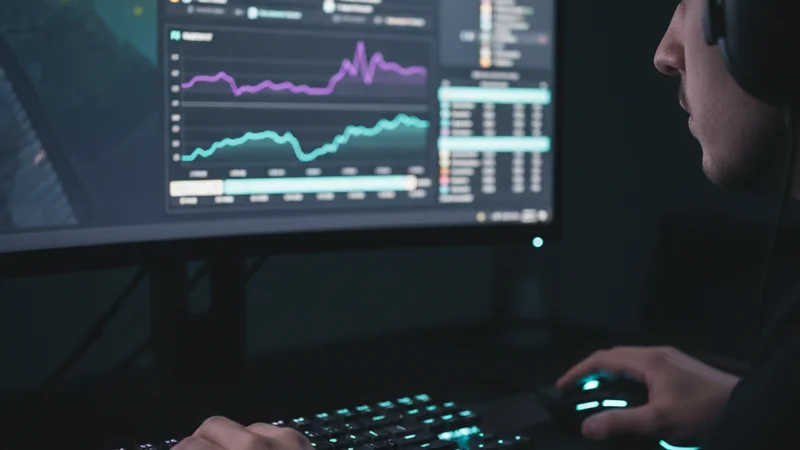 Pro-esports analyst reviewing DOTA 2 win-probability graphs on an RGB gaming setup — Maxim88 esports strategy