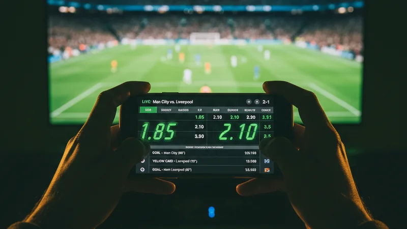 Smartphone showing live in-play sportsbook odds with a football match on TV — Maxim88 live betting strategy