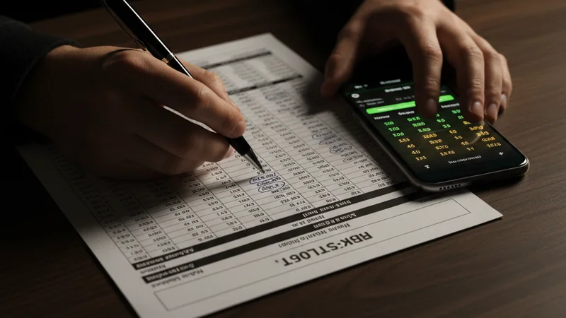Hand annotating sports betting odds sheet with smartphone showing match odds — Maxim88 value betting