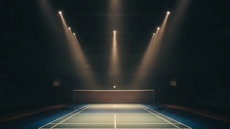 Badminton court in a dark arena with golden glow — BWF World Tour Finals betting guide at Maxim88