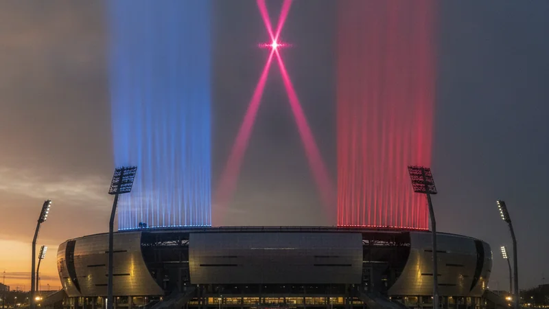Floodlit football stadium exterior at dusk with blue and red light beams crossing in the sky above it — Chelsea vs JDT friendly at the Sultan Ibrahim Stadium, Johor, previewed at Maxim88