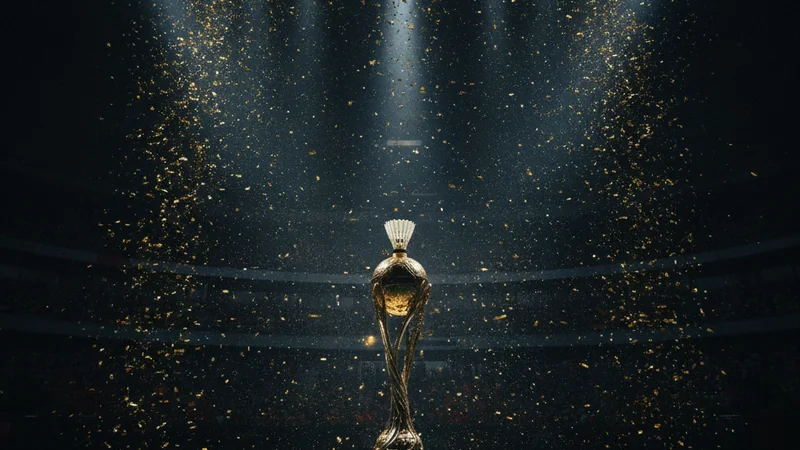Shuttlecock and trophy under arena spotlights with gold confetti — China Open 2026 results review at Maxim88 Malaysia