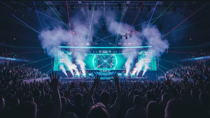 Esports arena crowd cheering in front of an LED stage showing a MOBA minimap — DOTA 2 betting guide for Maxim88