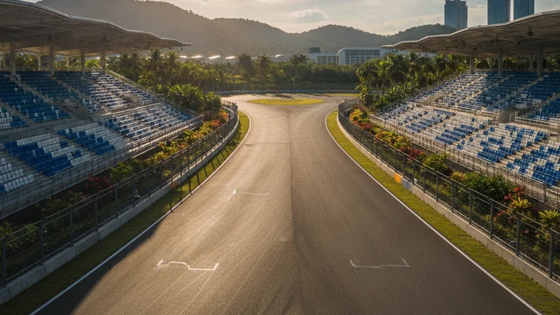 Sun-baked racing circuit main straight with grandstands — F1 returns to Sepang 2026 at Maxim88 Malaysia