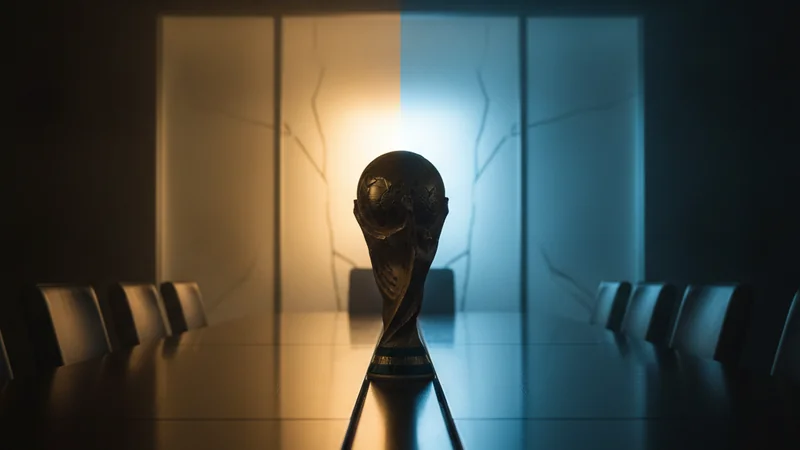 Golden World Cup-style trophy silhouette in dramatic split lighting on a boardroom table — the FIFA World Cup plans row explained for Malaysian bettors at Maxim88