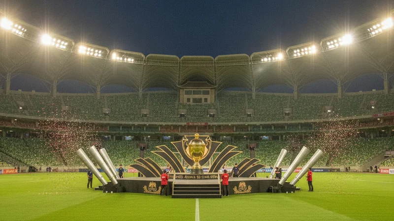 Floodlit football stadium with a trophy stage on the pitch — Malaysia Cup betting guide at Maxim88