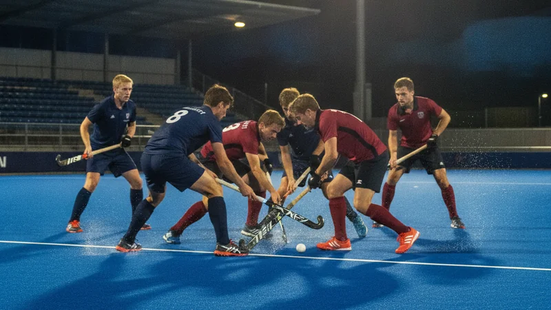 Field hockey players contesting the ball on a blue floodlit pitch — Malaysia Hockey League betting guide at Maxim88
