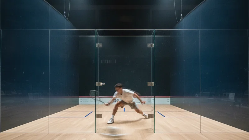 Glass squash court under spotlights with a player lunging — Malaysia Open Squash betting guide at Maxim88