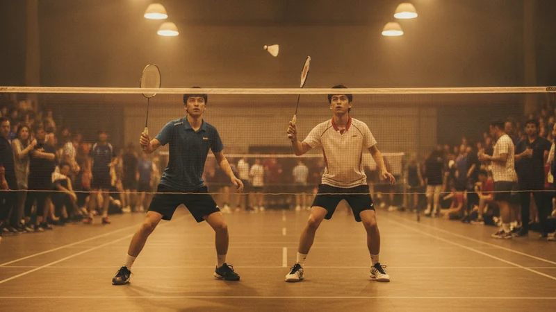 Badminton doubles pair at the net in an indoor hall — Malaysia Super 100 betting guide at Maxim88