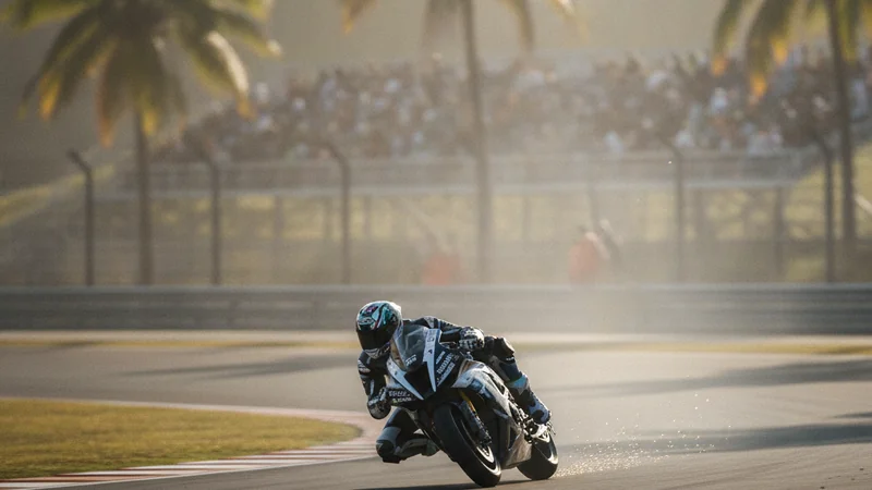 Motorcycle racer leaning into a corner on a tropical circuit — MotoGP Malaysia betting guide at Maxim88