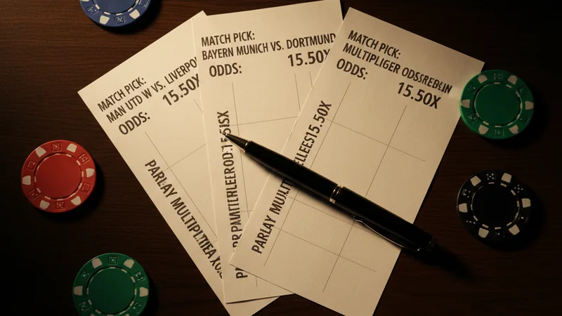 Three fanned betting slips with parlay odds beside poker chips — parlay betting strategy at Maxim88