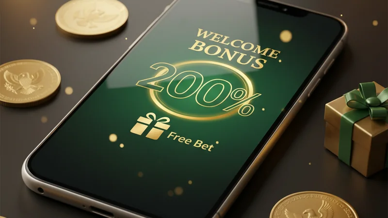 Smartphone with a gold and green welcome bonus promotion, coins and a gift box — Maxim88 sports bonus guide