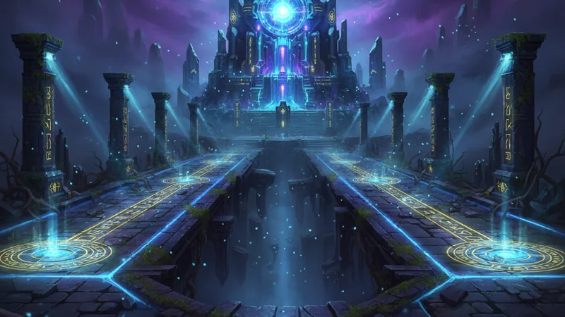 Mystical fantasy MOBA arena with glowing lanes and ancient structure — DOTA 2 betting at Maxim88