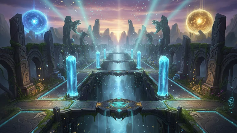 Fantasy MOBA rift with crystalline pillars and ethereal light — League of Legends betting at Maxim88