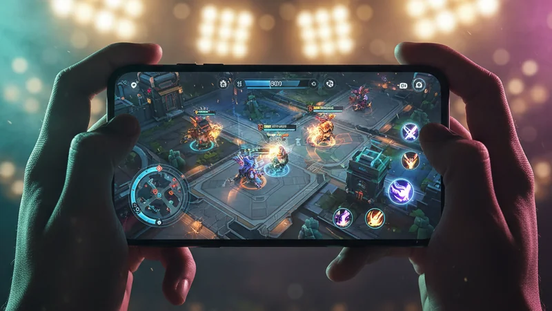Smartphone showing mobile MOBA battle arena with stadium bokeh — Mobile Legends betting at Maxim88