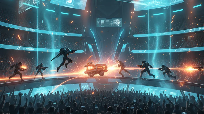 Sci-fi hero-shooter esports arena with payload cart and glowing effects — Overwatch 2 betting at Maxim88