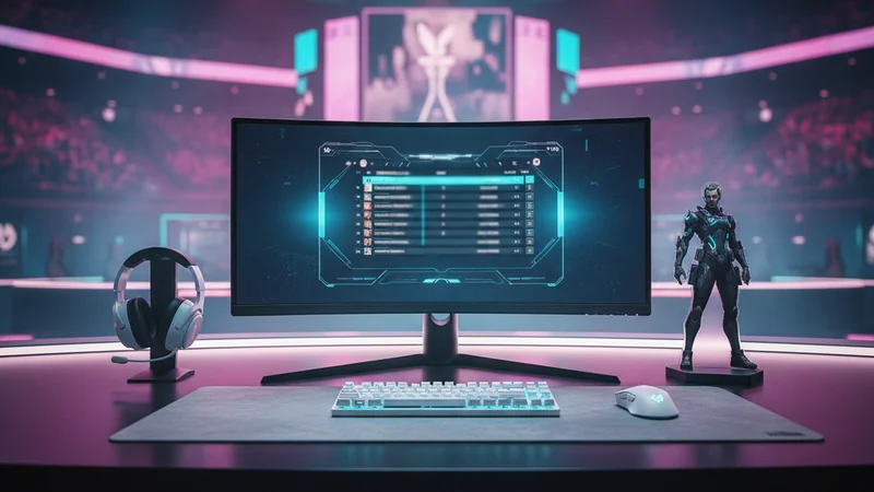 Futuristic tactical FPS esports desk with scoreboard monitor and cyan accent lighting — Valorant betting at Maxim88